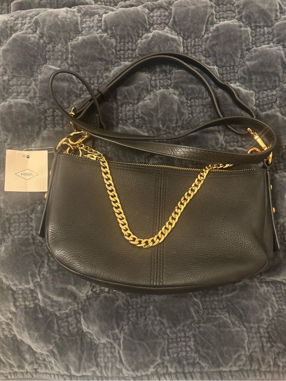 Fossil Black Leather Shoulder Bag with Gold Chain Accent
